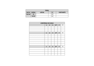 FINAL
DATA HORA LOCAL X VISITANTE
25/10 10 X
10:30 X
CONTROLE DE GOLS
1 2 S 3º F T
1 2 S 3º F T
1 2 S 3º F T
 