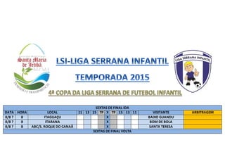 SEXTAS DE FINAL IDA
DATA HORA LOCAL 11 13 15 TP X TP 15 13 11 VISITANTE ARBITRAGEM
8/8 ? 8 ITAGUAÇU X BAIXO GUANDU
8/8 ? 8 ITARANA X BOM DE BOLA
8/8 ? 8 ABC/S. ROQUE DO CANAÃ X SANTA TERESA
SEXTAS DE FINAL VOLTA
 