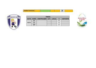 Estádio Pomerano X
FINAIS
DATA HORA ARBITRAGEM CAT. LOCAL X VISITANTE
21/11
8? X
9? X
10? X
 