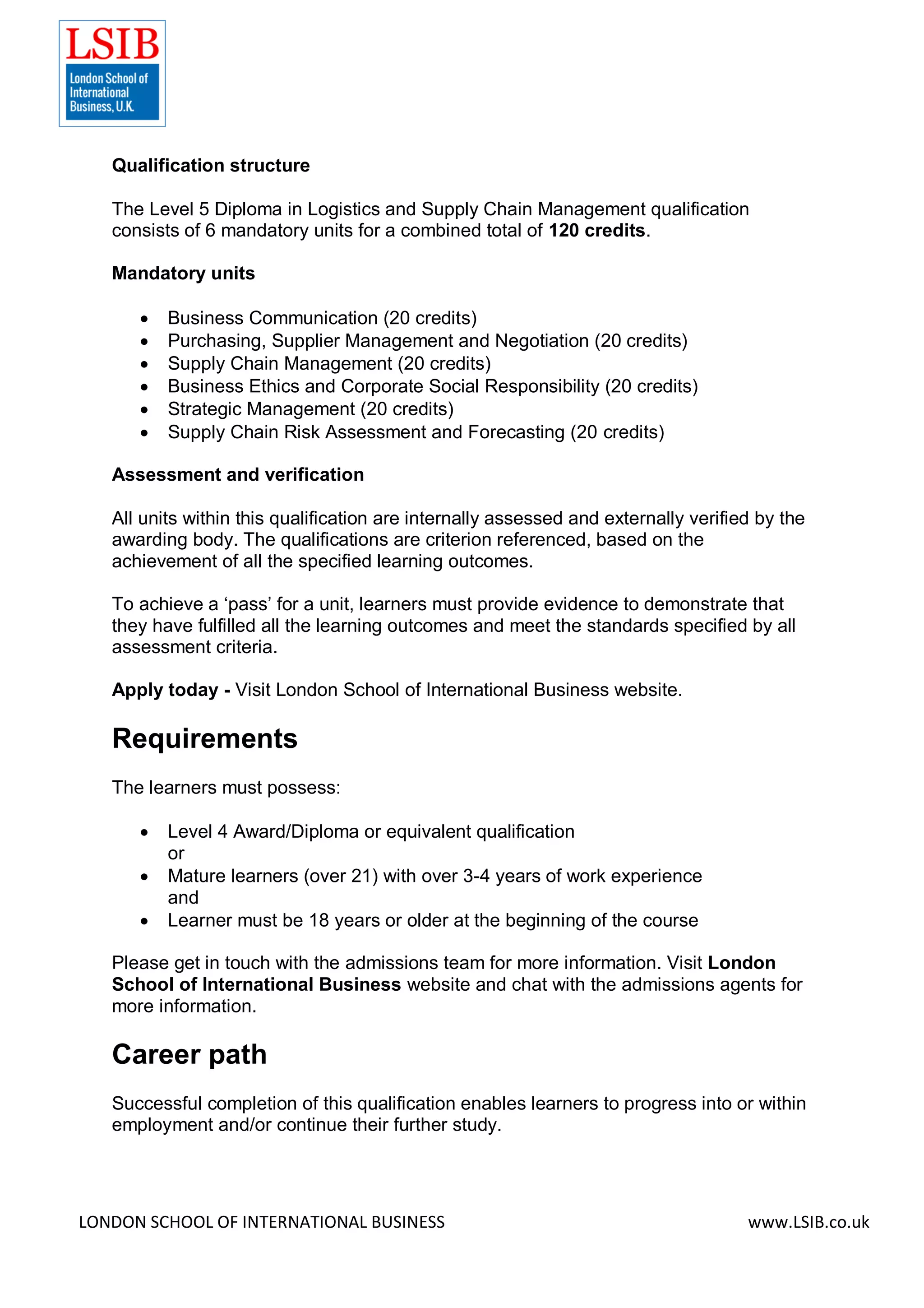 Level 5 Diploma in Logistics and Supply Chain Management | PDF