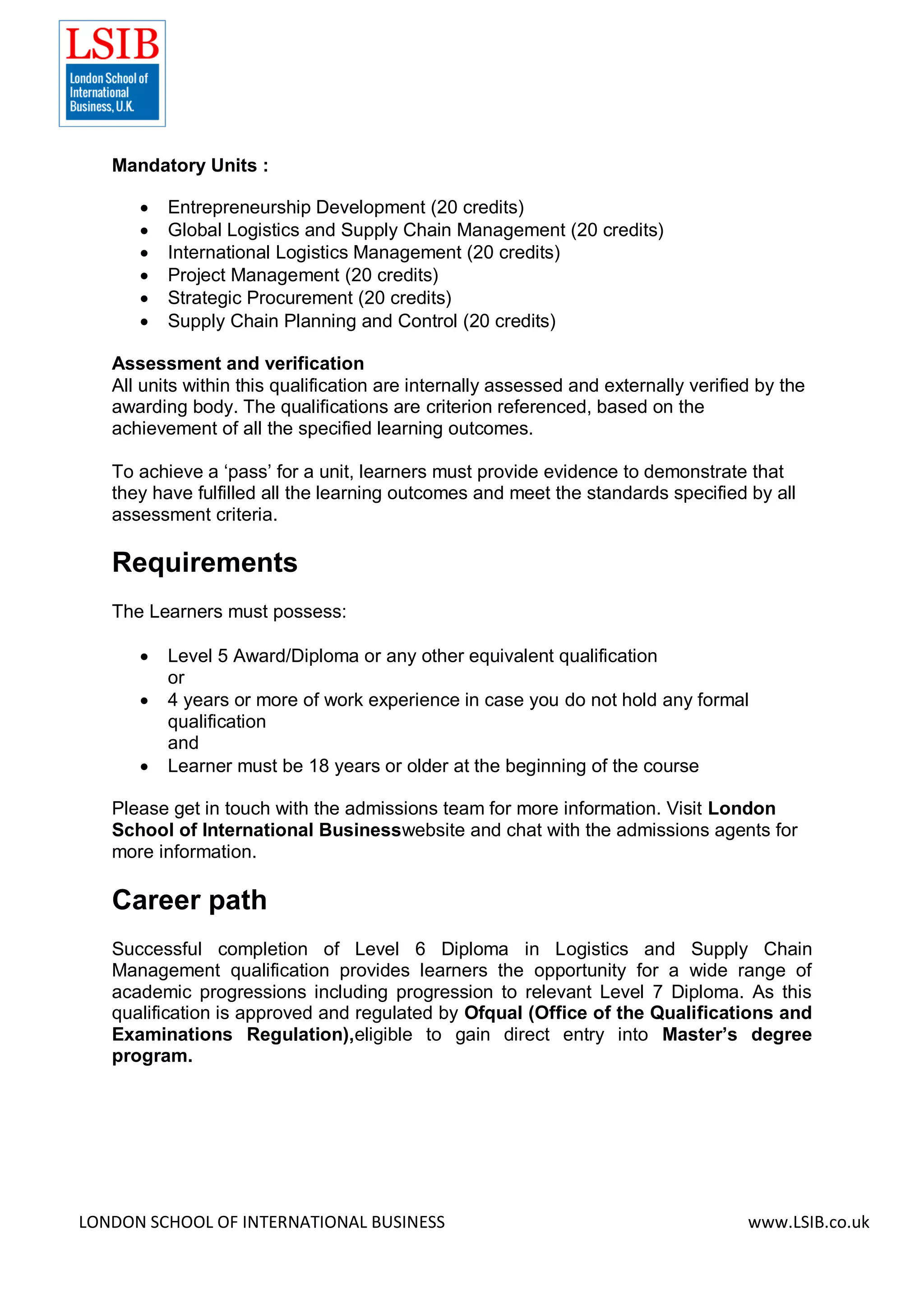 Level 6 Diploma in Logistics and Supply Chain Management | PDF