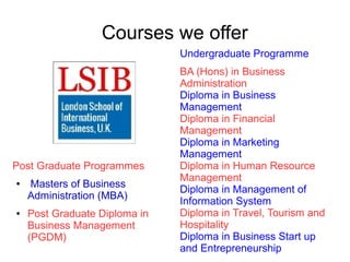 Courses we offer
Post Graduate Programmes
● Masters of Business
Administration (MBA)
● Post Graduate Diploma in
Business Management
(PGDM)
Undergraduate Programme
BA (Hons) in Business
Administration
Diploma in Business
Management
Diploma in Financial
Management
Diploma in Marketing
Management
Diploma in Human Resource
Management
Diploma in Management of
Information System
Diploma in Travel, Tourism and
Hospitality
Diploma in Business Start up
and Entrepreneurship
 