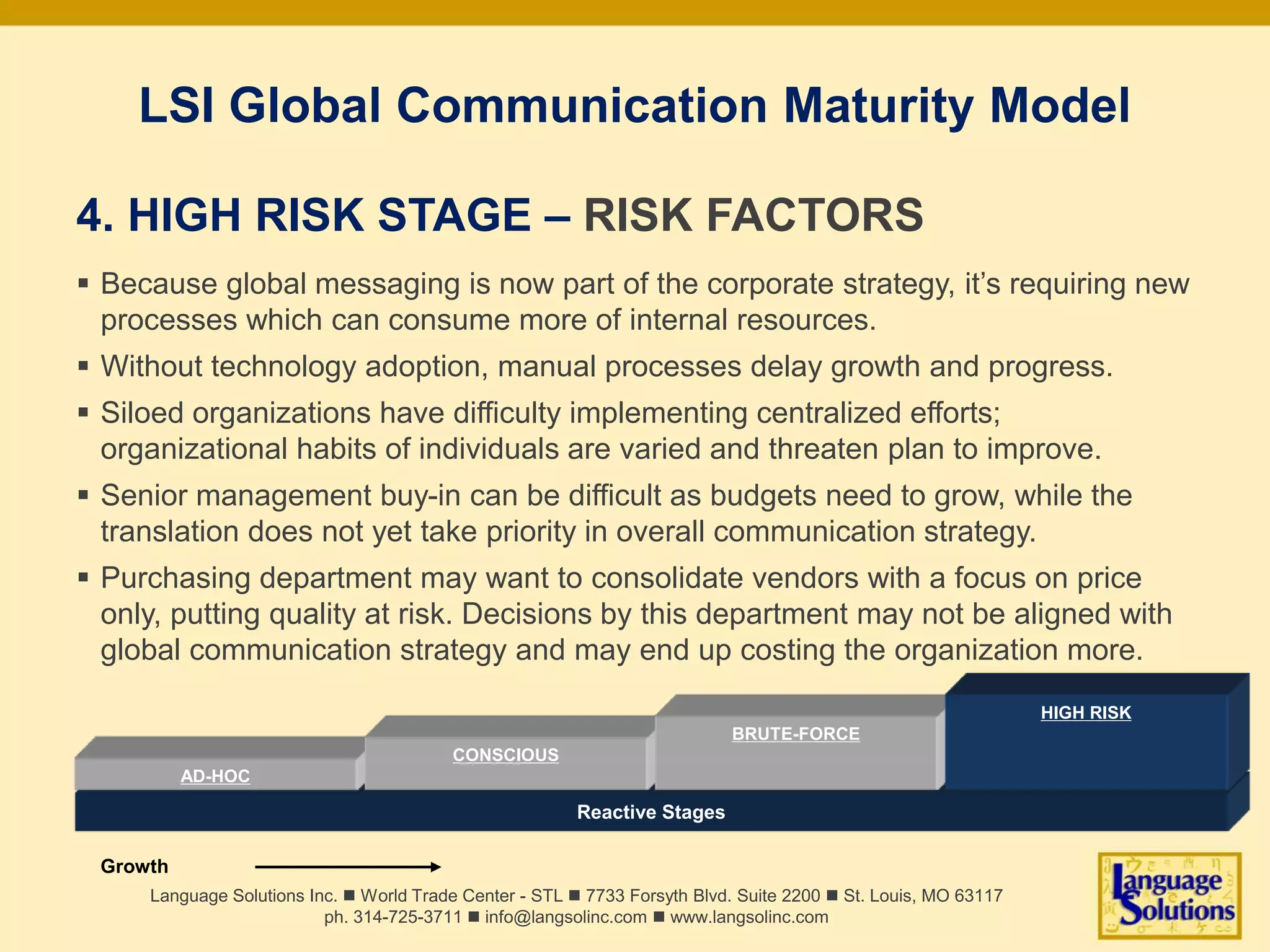 LSI Global Communication Maturity Model
4. HIGH RISK STAGE – RISK FACTORS
 Because global messaging is now part of the corporate strategy, it’s requiring new
processes which can consume more of internal resources.
 Without technology adoption, manual processes delay growth and progress.
 Siloed organizations have difficulty implementing centralized efforts;
organizational habits of individuals are varied and threaten plan to improve.
 Senior management buy-in can be difficult as budgets need to grow, while the
translation does not yet take priority in overall communication strategy.
 Purchasing department may want to consolidate vendors with a focus on price
only, putting quality at risk. Decisions by this department may not be aligned with
global communication strategy and may end up costing the organization more.
Language Solutions Inc. n World Trade Center - STL n 7733 Forsyth Blvd. Suite 2200 n St. Louis, MO 63117
ph. 314-725-3711 n info@langsolinc.com n www.langsolinc.com
Reactive Stages
AD-HOC
Growth
CONSCIOUS
BRUTE-FORCE
HIGH RISK
 