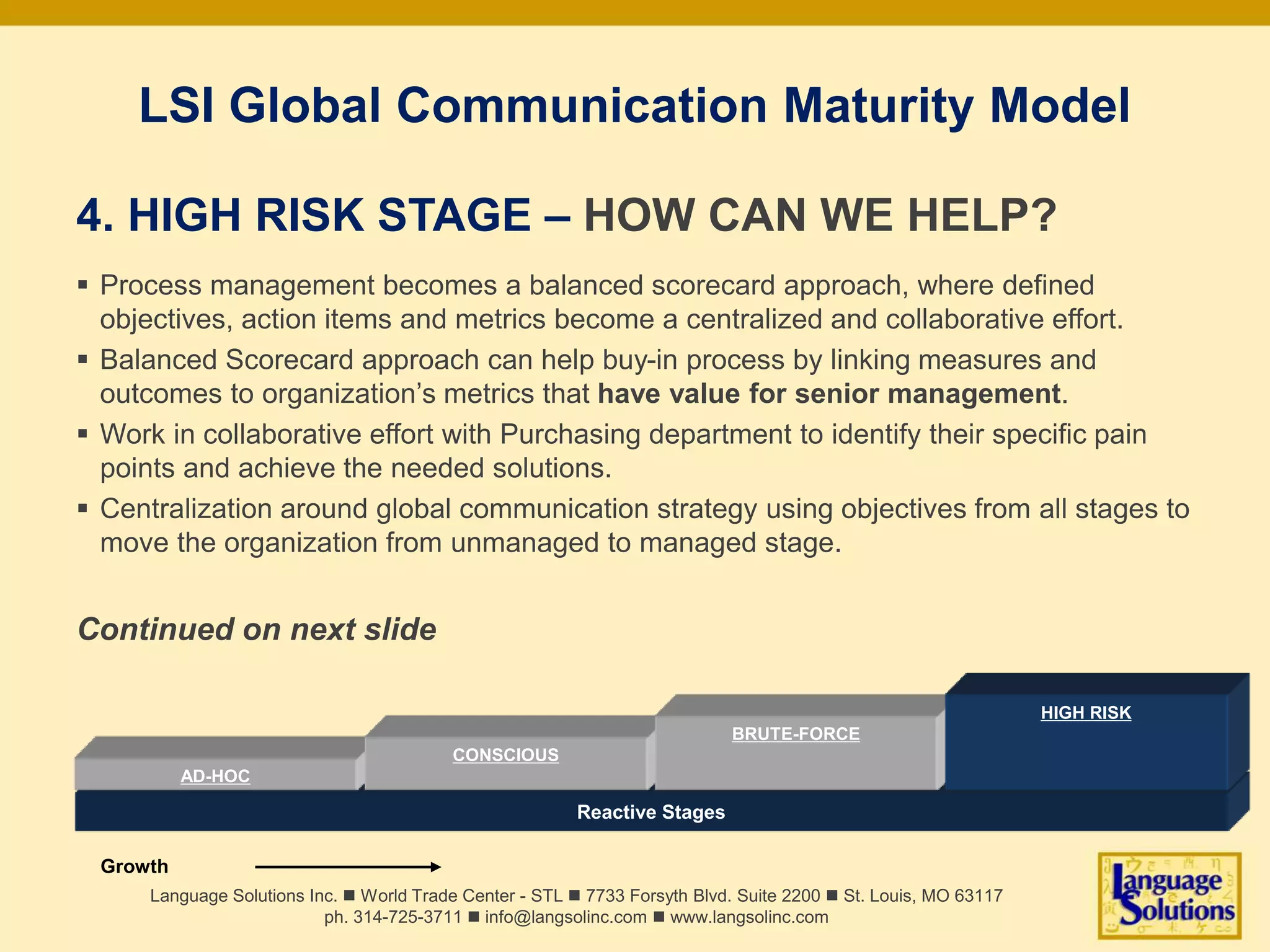 LSI Global Communication Maturity Model
4. HIGH RISK STAGE – HOW CAN WE HELP?
 Process management becomes a balanced scorecard approach, where defined
objectives, action items and metrics become a centralized and collaborative effort.
 Balanced Scorecard approach can help buy-in process by linking measures and
outcomes to organization’s metrics that have value for senior management.
 Work in collaborative effort with Purchasing department to identify their specific pain
points and achieve the needed solutions.
 Centralization around global communication strategy using objectives from all stages to
move the organization from unmanaged to managed stage.
Continued on next slide
Language Solutions Inc. n World Trade Center - STL n 7733 Forsyth Blvd. Suite 2200 n St. Louis, MO 63117
ph. 314-725-3711 n info@langsolinc.com n www.langsolinc.com
Reactive Stages
AD-HOC
Growth
CONSCIOUS
BRUTE-FORCE
HIGH RISK
 