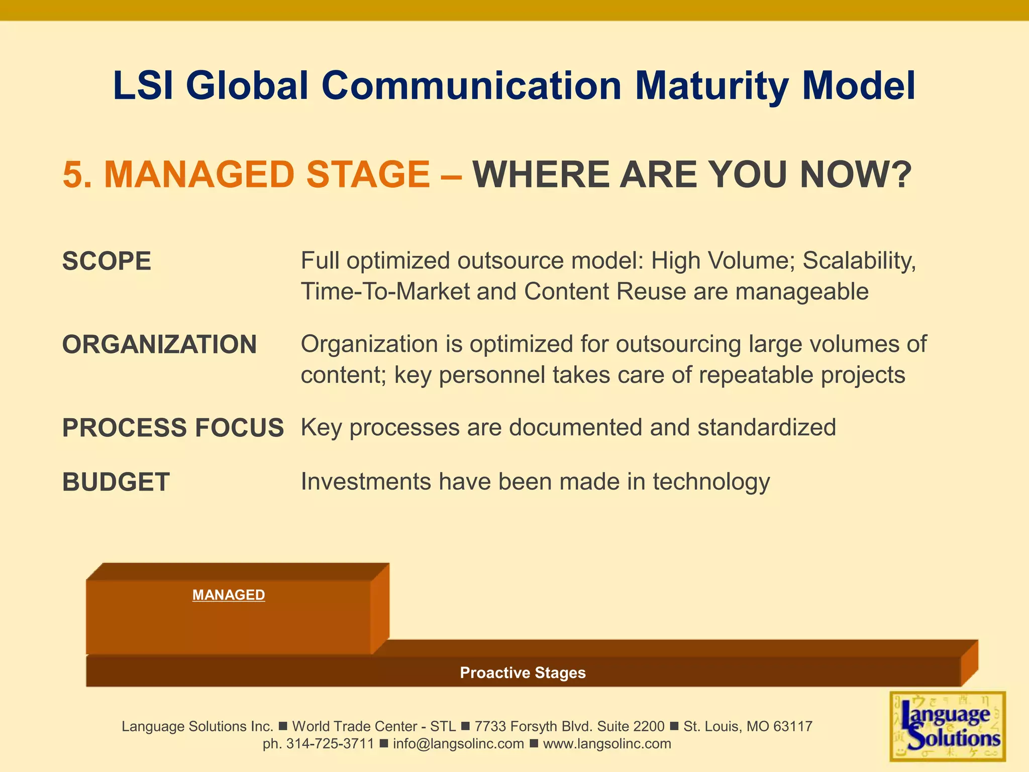 Proactive Stages
MANAGED
LSI Global Communication Maturity Model
5. MANAGED STAGE – WHERE ARE YOU NOW?
SCOPE Full optimized outsource model: High Volume; Scalability,
Time-To-Market and Content Reuse are manageable
ORGANIZATION Organization is optimized for outsourcing large volumes of
content; key personnel takes care of repeatable projects
PROCESS FOCUS Key processes are documented and standardized
BUDGET Investments have been made in technology
Language Solutions Inc. n World Trade Center - STL n 7733 Forsyth Blvd. Suite 2200 n St. Louis, MO 63117
ph. 314-725-3711 n info@langsolinc.com n www.langsolinc.com
 