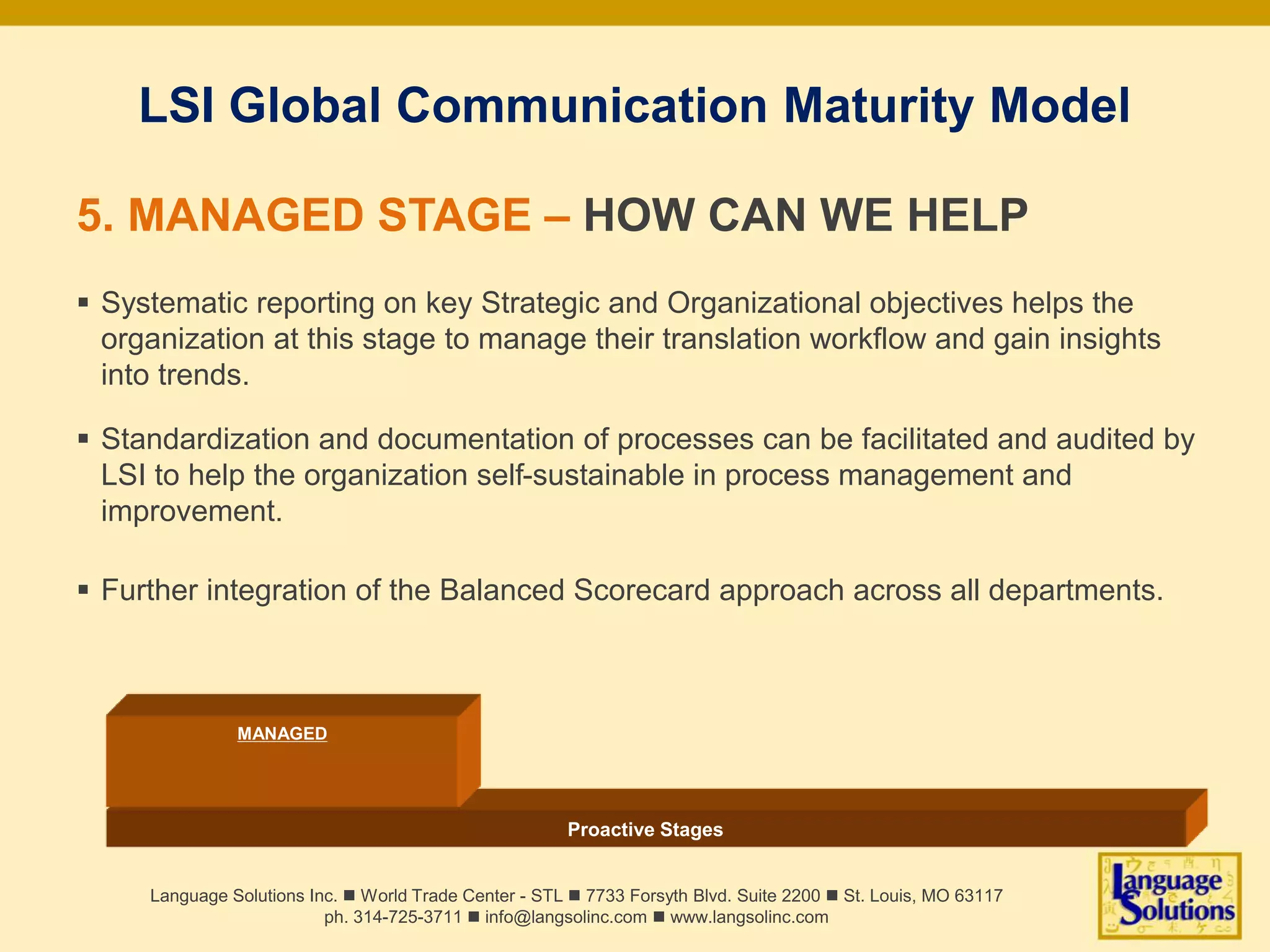 Proactive Stages
MANAGED
LSI Global Communication Maturity Model
5. MANAGED STAGE – HOW CAN WE HELP
 Systematic reporting on key Strategic and Organizational objectives helps the
organization at this stage to manage their translation workflow and gain insights
into trends.
 Standardization and documentation of processes can be facilitated and audited by
LSI to help the organization self-sustainable in process management and
improvement.
 Further integration of the Balanced Scorecard approach across all departments.
Language Solutions Inc. n World Trade Center - STL n 7733 Forsyth Blvd. Suite 2200 n St. Louis, MO 63117
ph. 314-725-3711 n info@langsolinc.com n www.langsolinc.com
 
