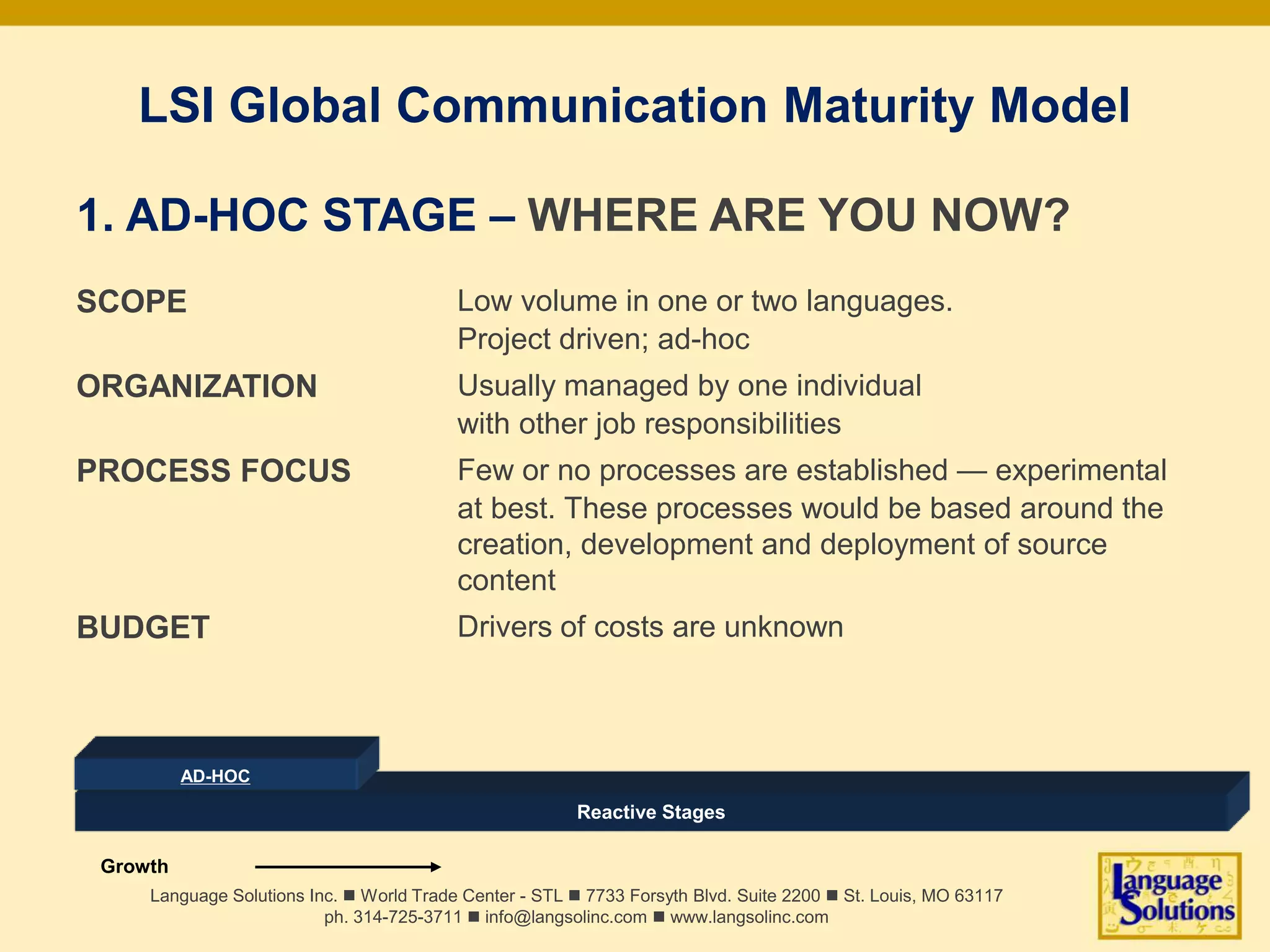 LSI Global Communication Maturity Model
Language Solutions Inc. n World Trade Center - STL n 7733 Forsyth Blvd. Suite 2200 n St. Louis, MO 63117
ph. 314-725-3711 n info@langsolinc.com n www.langsolinc.com
Reactive Stages
AD-HOC
Growth
1. AD-HOC STAGE – WHERE ARE YOU NOW?
SCOPE Low volume in one or two languages.
Project driven; ad-hoc
ORGANIZATION Usually managed by one individual
with other job responsibilities
PROCESS FOCUS Few or no processes are established — experimental
at best. These processes would be based around the
creation, development and deployment of source
content
BUDGET Drivers of costs are unknown
 