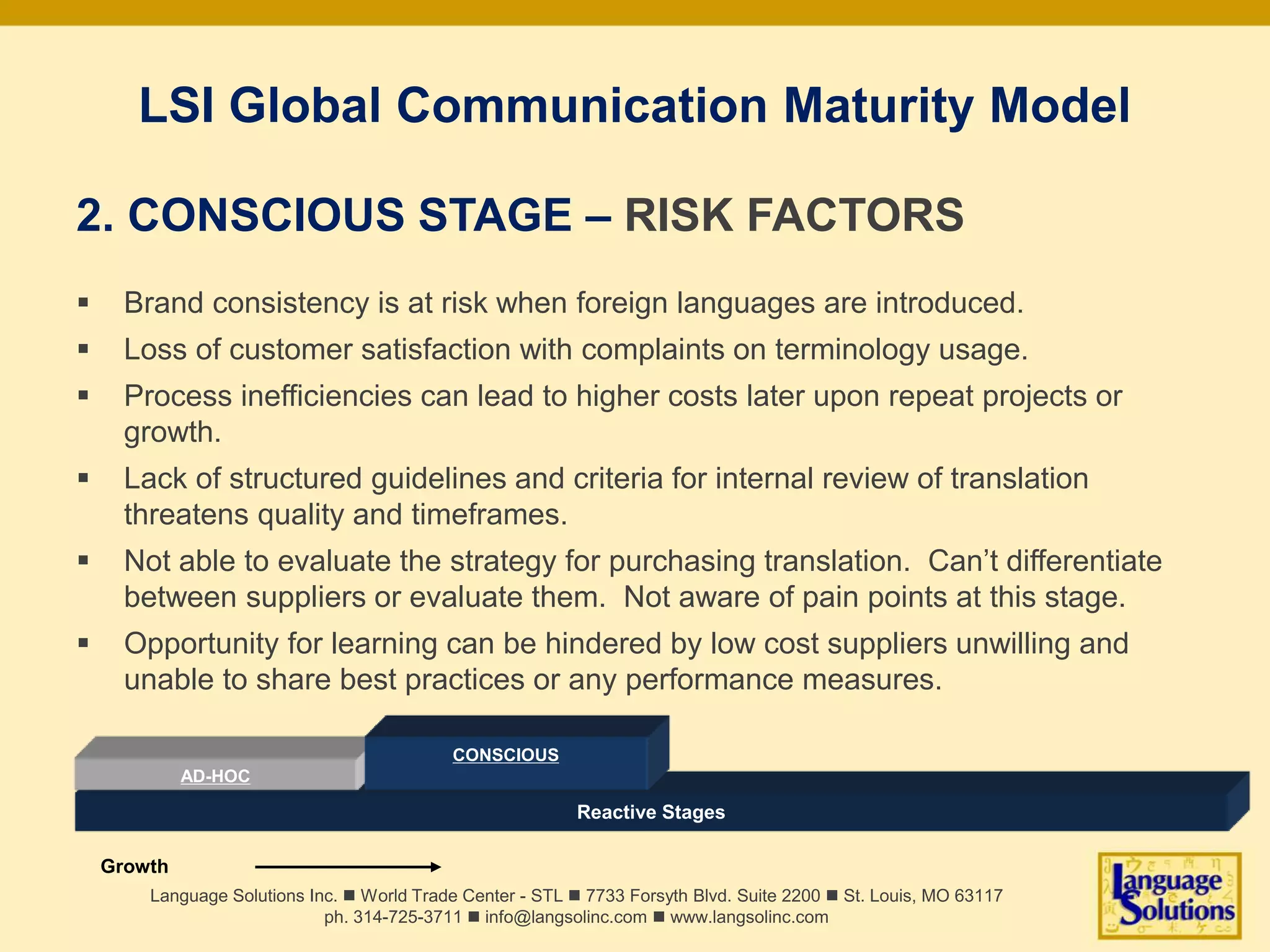 LSI Global Communication Maturity Model
2. CONSCIOUS STAGE – RISK FACTORS
 Brand consistency is at risk when foreign languages are introduced.
 Loss of customer satisfaction with complaints on terminology usage.
 Process inefficiencies can lead to higher costs later upon repeat projects or
growth.
 Lack of structured guidelines and criteria for internal review of translation
threatens quality and timeframes.
 Not able to evaluate the strategy for purchasing translation. Can’t differentiate
between suppliers or evaluate them. Not aware of pain points at this stage.
 Opportunity for learning can be hindered by low cost suppliers unwilling and
unable to share best practices or any performance measures.
Language Solutions Inc. n World Trade Center - STL n 7733 Forsyth Blvd. Suite 2200 n St. Louis, MO 63117
ph. 314-725-3711 n info@langsolinc.com n www.langsolinc.com
Reactive Stages
AD-HOC
Growth
CONSCIOUS
 
