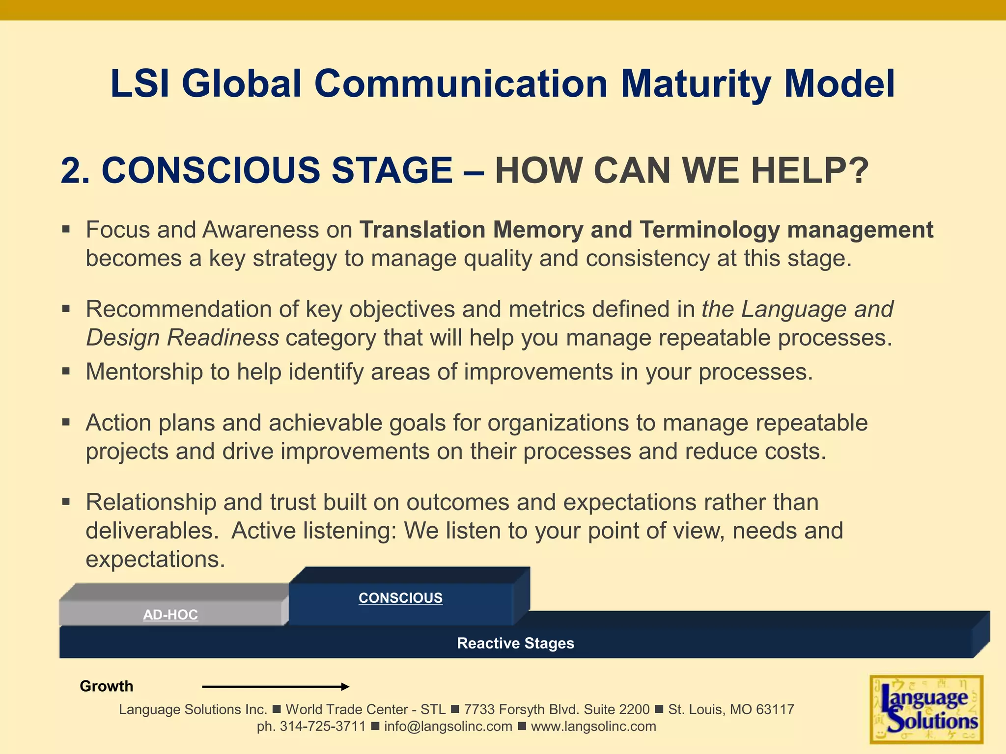 LSI Global Communication Maturity Model
2. CONSCIOUS STAGE – HOW CAN WE HELP?
 Focus and Awareness on Translation Memory and Terminology management
becomes a key strategy to manage quality and consistency at this stage.
 Recommendation of key objectives and metrics defined in the Language and
Design Readiness category that will help you manage repeatable processes.
 Mentorship to help identify areas of improvements in your processes.
 Action plans and achievable goals for organizations to manage repeatable
projects and drive improvements on their processes and reduce costs.
 Relationship and trust built on outcomes and expectations rather than
deliverables. Active listening: We listen to your point of view, needs and
expectations.
Language Solutions Inc. n World Trade Center - STL n 7733 Forsyth Blvd. Suite 2200 n St. Louis, MO 63117
ph. 314-725-3711 n info@langsolinc.com n www.langsolinc.com
Reactive Stages
AD-HOC
Growth
CONSCIOUS
 