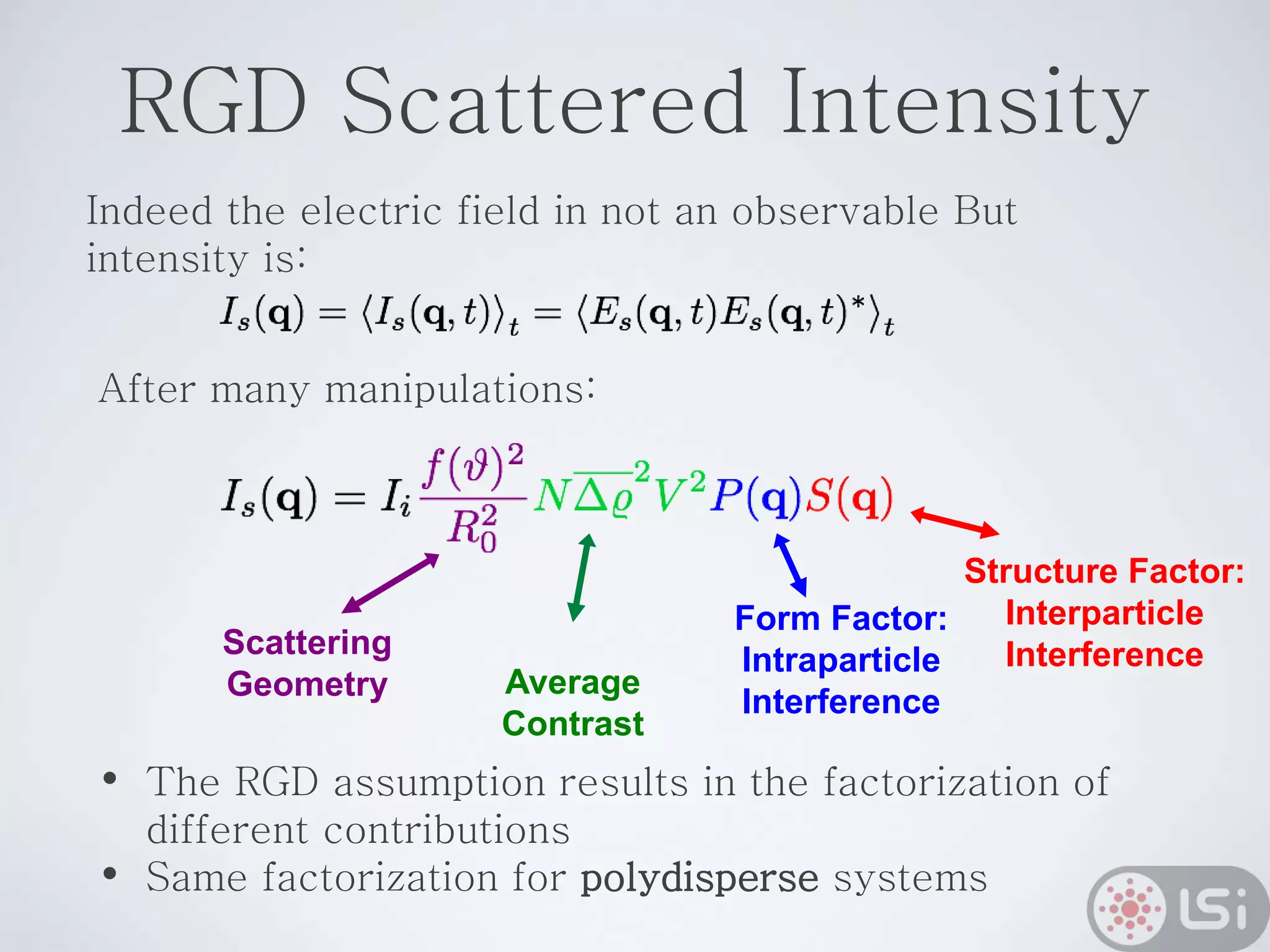 RGD Scattered Intensity
Indeed the electric field in not an observable But
intensity is:
Average
Contrast
Structure Factor:
Interparticle
Interference
Form Factor:
Intraparticle
Interference
Scattering
Geometry
• The RGD assumption results in the factorization of
different contributions
• Same factorization for polydisperse systems
After many manipulations:
 