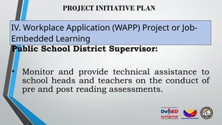 PROJECT INITIATIVE PLAN
IV. Workplace Application (WAPP) Project or Job-
Embedded Learning
Public School District Supervisor:
• Monitor and provide technical assistance to
school heads and teachers on the conduct of
pre and post reading assessments.
 