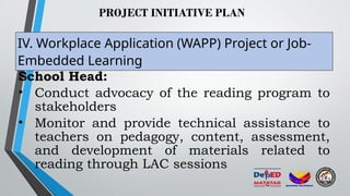 PROJECT INITIATIVE PLAN
IV. Workplace Application (WAPP) Project or Job-
Embedded Learning
School Head:
• Conduct advocacy of the reading program to
stakeholders
• Monitor and provide technical assistance to
teachers on pedagogy, content, assessment,
and development of materials related to
reading through LAC sessions
 