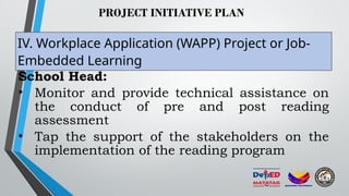 PROJECT INITIATIVE PLAN
IV. Workplace Application (WAPP) Project or Job-
Embedded Learning
School Head:
• Monitor and provide technical assistance on
the conduct of pre and post reading
assessment
• Tap the support of the stakeholders on the
implementation of the reading program
 