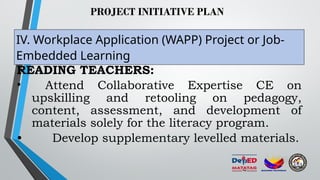 PROJECT INITIATIVE PLAN
IV. Workplace Application (WAPP) Project or Job-
Embedded Learning
READING TEACHERS:
• Attend Collaborative Expertise CE on
upskilling and retooling on pedagogy,
content, assessment, and development of
materials solely for the literacy program.
• Develop supplementary levelled materials.
 