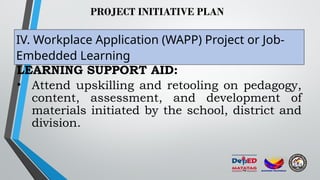 PROJECT INITIATIVE PLAN
IV. Workplace Application (WAPP) Project or Job-
Embedded Learning
LEARNING SUPPORT AID:
• Attend upskilling and retooling on pedagogy,
content, assessment, and development of
materials initiated by the school, district and
division.
 