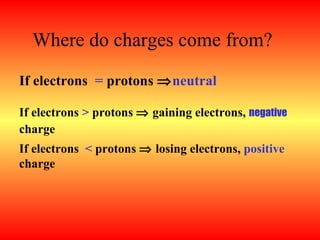 Where do charges come from?

If electrons = protons ⇒neutral

If electrons > protons ⇒ gaining electrons, negative
charge
If electrons < protons ⇒ losing electrons, positive
charge
 