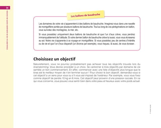Visualisersavieenquelquescoupsdecrayon16
©GroupeEyrolles
Les domaines de votre vie s’apparentent à des ballons de baudruche. Imaginez-vous dans une nacelle
de montgolfière portée par plusieurs ballons de baudruche. Tout au long de vos pérégrinations en ballon,
vous survolez des montagnes, la mer, etc.
Si vous possédez uniquement deux ballons de baudruche et que l’un d’eux crève, vous perdrez
immanquablement de l’altitude. Si votre dernier ballon de baudruche crève lui aussi, vous vous écraserez
au sol. Notre vie s’apparente à ce voyage en montgolfière. Si vous possédez peu de centres d’intérêts
ou de vie et que l’un d’eux disparaît (un divorce par exemple), vous risquez, là aussi, de vous écraser.
Choisissez un objectif
Naturellement, vous ne pourrez probablement pas achever tous les objectifs trouvés lors du
brainstorming. Vous devrez procéder à un choix. Se cantonner à trois objectifs par domaine de vie
semble un bon commencement. En effet, commencer avec une liste d’objectifs plus longue que le
bras est le meilleur moyen de n’en terminer aucun ! Pour choisir le bon objectif, demandez-vous si
cet objectif a un sens pour vous ou s’il vous est imposé de l’extérieur. Par exemple, vous vous fixez
comme objectif de perdre 10 kg en 6 mois. Cet objectif peut provenir d’une pression sociale. En ce
qui vous concerne, vous pouvez vous sentir bien dans votre peau et heureux avec votre poids actuel.
Les ballons de baudruche
Maquette_DessinerSaVie4.indd 16 02/05/13 12:30
 