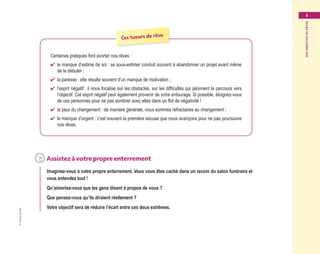 ©GroupeEyrolles
Desobjectifsderêves
5
Certaines pratiques font avorter nos rêves :
✔✔ le manque d’estime de soi : se sous-estimer conduit souvent à abandonner un projet avant même
de le débuter ;
✔✔ la paresse : elle résulte souvent d’un manque de motivation ;
✔✔ l’esprit négatif : il nous focalise sur les obstacles, sur les difficultés qui jalonnent le parcours vers
l’objectif. Cet esprit négatif peut également provenir de votre entourage. Si possible, éloignez-vous
de ces personnes pour ne pas sombrer avec elles dans un flot de négativité !
✔✔ la peur du changement : de manière générale, nous sommes réfractaires au changement ;
✔✔ le manque d’argent : c’est souvent la première excuse que nous avançons pour ne pas poursuivre
nos rêves.
	Assistezàvotrepropreenterrement
Imaginez-vous à votre propre enterrement. Vous vous êtes caché dans un recoin du salon funéraire et
vous entendez tout !
Qu’aimeriez-vous que les gens disent à propos de vous ?
Que pensez-vous qu’ils diraient réellement ?
Votre objectif sera de réduire l’écart entre ces deux extrêmes.
Ces tueurs de rêve
Maquette_DessinerSaVie4.indd 5 02/05/13 12:30
 