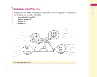 ©GroupeEyrolles
Desobjectifsderêves
7
	 ParticipezàunjeuTVdufutur
Imaginez-vous dans le futur. Vous participez à un jeu télévisé d’un nouveau genre : on vous envoie sur
une île déserte avec un nombre restreint de :
•	 possessions (livre, etc.) (5) ;
•	 traits de caractère (5) ;
•	 activités (5) ;
•	 relations (5).
☛☛ Participez à un jeu du futur
Maquette_DessinerSaVie4.indd 7 02/05/13 12:30
 