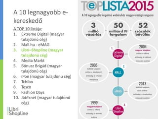 SZAKÉRTŐ
A TOP 10 listája:
1. Extreme Digital (magyar
tulajdonú cég)
2. Mall.hu - eMAG
3. Libri–Shopline (magyar
tulajdonú cég)
4. Media Markt
5. Bónusz Brigád (magyar
tulajdonú cég)
6. iPon (magyar tulajdonú cég)
7. Tchibo
8. Tesco
9. Fashion Days
10. Játéknet (magyar tulajdonú
cég)
A 10 legnagyobb e-
kereskedő
 