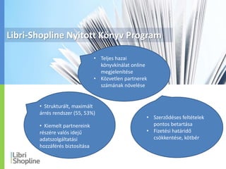 Libri-Shopline Nyitott Könyv Program
• Szerződéses feltételek
pontos betartása
• Fizetési határidő
csökkentése, kötbér
• Strukturált, maximált
árrés rendszer (55, 53%)
• Kiemelt partnereink
részére valós idejű
adatszolgáltatási
hozzáférés biztosítása
• Teljes hazai
könyvkínálat online
megjelenítése
• Közvetlen partnerek
számának növelése
 