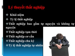Lý thuyết thất nghiệp
 Khái niệm
 Tỷ lệ thất nghiệp
Thất nghiệp bao gồm tự nguyện và không tự
nguyện
Thất nghiệp tạm thời
Thất nghiệp cơ cấu
Thất nghiệp chu kỳ
Tỷ lệ thất nghiệp tự nhiên
 