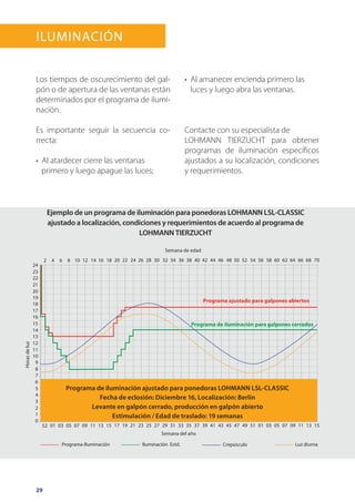 29
Horasdeluz
Iluminación Estd. Luz diurnaPrograma-Iluminación Crepúsculo
Semana de edad
Semana del año
2 4 6 8 10 12 14 16 18 20 22 24 26 28 30 32 34 36 38 40 42 44 46 48 50 52 54 56 58 60 62 64 66 68 70
52 07050301 09 11 13 15 17 19 21 23 25 27 29 31 33 35 37 39 41 43 45 47 49 51 01 03 05 07 09 11 13 15
24
23
22
21
20
19
18
17
16
15
14
13
12
11
10
9
8
7
6
5
4
3
2
1
0
Programa de iluminación para galpones cerrados
Programa ajustado para galpones abiertos
Horasdeluz
Iluminación Estd. Luz diurnaPrograma-Iluminación Crepúsculo
Semana de edad
Semana del año
2 4 6 8 10 12 14 16 18 20 22 24 26 28 30 32 34 36 38 40 42 44 46 48 50 52 54 56 58 60 62 64 66 68 70
52 07050301 09 11 13 15 17 19 21 23 25 27 29 31 33 35 37 39 41 43 45 47 49 51 01 03 05 07 09 11 13 15
24
23
22
21
20
19
18
17
16
15
14
13
12
11
10
9
8
7
6
5
4
3
2
1
0
Programa de iluminación para galpones cerrados
Programa ajustado para galpones abiertos
Iluminación
Los tiempos de oscurecimiento del gal-
pón o de apertura de las ventanas están
determinados por el programa de ilumi-
nación.
Es importante seguir la secuencia co-
rrecta:
•  Al atardecer cierre las ventanas
primero y luego apague las luces;
•  Al amanecer encienda primero las
luces y luego abra las ventanas.
Contacte con su especialista de
LOHMANN TIERZUCHT para obtener
programas de iluminación específicos
ajustados a su localización, condiciones
y requerimientos.
Programa de iluminación ajustado para ponedoras LOHMANN LSL-CLASSIC
Fecha de eclosión: Diciembre 16, Localización: Berlín
Levante en galpón cerrado, producción en galpón abierto
Estimulación / Edad de traslado: 19 semanas
Ejemplo de un programa de iluminación para ponedoras LOHMANN LSL-CLASSIC
ajustado a localización, condiciones y requerimientos de acuerdo al programa de
LOHMANN TIERZUCHT
 
