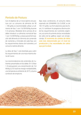 23
LOHMANN › GUÍA DE MANEJO
23
Período de Postura
Con el objetivo de un inicio óptimo de pos-
tura con un consumo de alimento de 90
– 100 g/día, es recomendable utilizar un ali-
mento de fase 1 con 11,6 EM MJ/kg durante
5–6 semanas. Alrededor de la semana 26 se
debe introducir un alimento normal de fase
1 con 11,4 EM MJ/kg. La base para la formula-
ción del alimento en términos de contenido
de nutrientes y minerales de cada fase, son
los requerimientos diarios de nutrientes y el
consumo real de alimento.
La dieta de fase 1 está diseñada para cubrir
los requerimientos de una masa máxima dia-
ria de huevo.
Las recomendaciones de contenidos de nu-
trientes presentados en las tablas 10–12 (fase
1–3) presuponen una concentración de 11,4
MJ/kg (2,725 kcal) de energía metabolizable,
una temperatura ambiente de 20 °C y buena
condición de emplume.
Bajo estas condiciones, el consumo diario
esperado de LOHMANN LSL-CLASSIC es de
105–115 g/día. Las formulaciones para las fa-
ses 2–3 satisfacen la progresiva disminución
de los requerimentos de nutrientes orgáni-
cos, así como el aumento de las necesidades
de calcio de las gallinas según van enveje-
ciendo. El momento de cambio de dieta
está más determinado por el nivel de
producción y las necesidades de calcio
que por la edad.
 