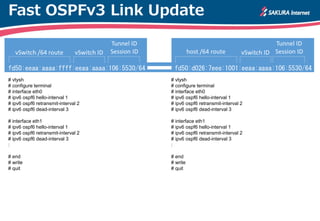 Fast OSPFv3 Link Update
# vtysh
# configure terminal
# interface eth0
# ipv6 ospf6 hello-interval 1
# ipv6 ospf6 retransmit-interval 2
# ipv6 ospf6 dead-interval 3
# interface eth1
# ipv6 ospf6 hello-interval 1
# ipv6 ospf6 retransmit-interval 2
# ipv6 ospf6 dead-interval 3
:
# end
# write
# quit
# vtysh
# configure terminal
# interface eth0
# ipv6 ospf6 hello-interval 1
# ipv6 ospf6 retransmit-interval 2
# ipv6 ospf6 dead-interval 3
# interface eth1
# ipv6 ospf6 hello-interval 1
# ipv6 ospf6 retransmit-interval 2
# ipv6 ospf6 dead-interval 3
:
# end
# write
# quit
 