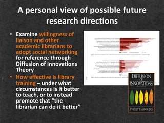 A personal view of possible future
          research directions
• Examine willingness of
  liaison and other
  academic librarians to
  adopt social networking
  for reference through
  Diffusion of Innovations
  Theory
• How effective is library
  training – under what
  circumstances is it better
  to teach, or to instead
  promote that “the
  librarian can do it better”
 