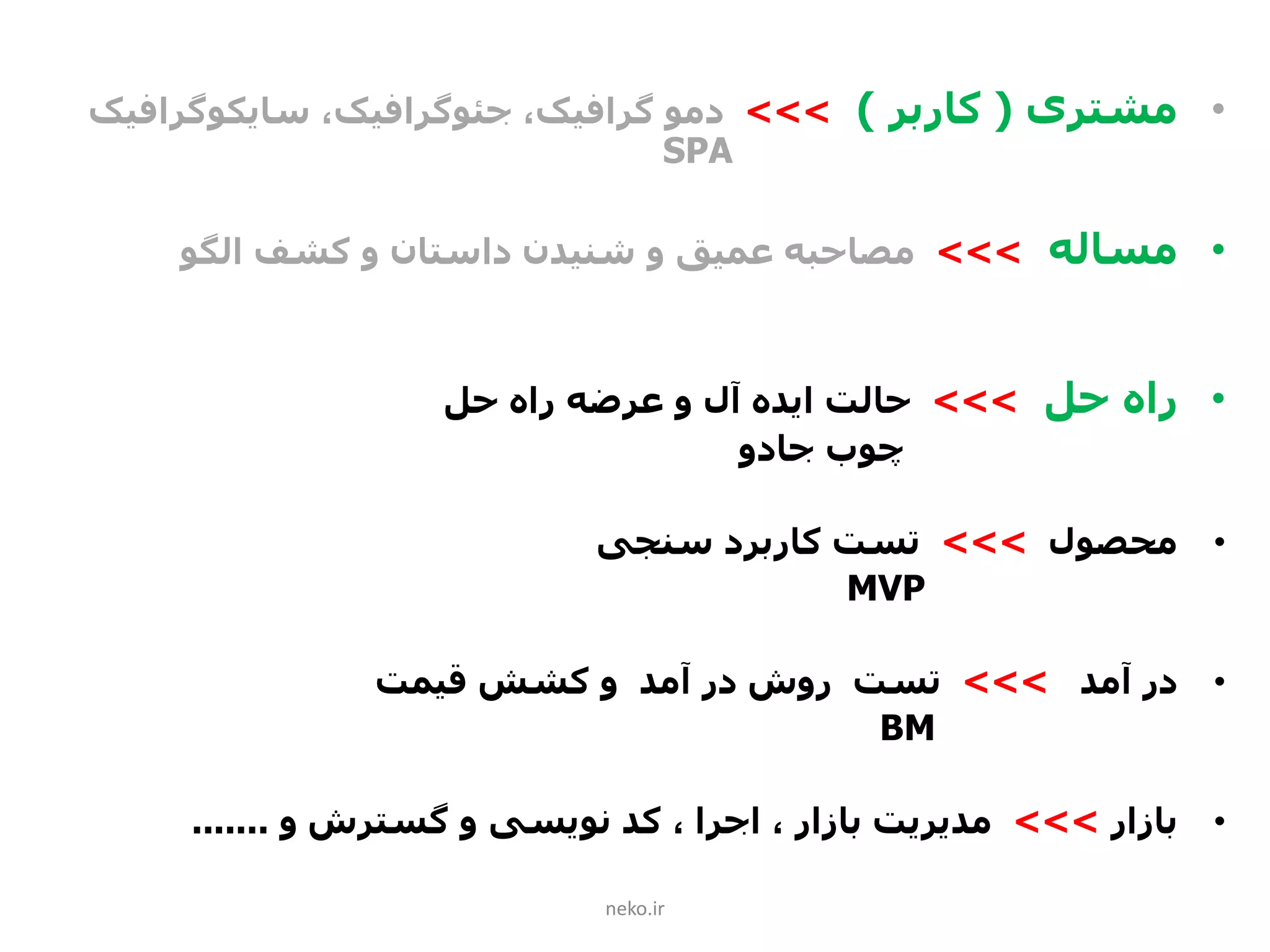•‫مشتری‬(‫کاربر‬)>>>‫دمو‬،‫گرافیک‬‫جئوگرافیک‬،‫سایکوگرافیک‬
SPA
•‫مساله‬>>>‫الگو‬ ‫کشف‬ ‫و‬ ‫داستان‬ ‫شنیدن‬ ‫و‬ ‫عمیق‬ ‫مصاحبه‬
•‫حل‬ ‫راه‬>>>‫حل‬ ‫راه‬ ‫عرضه‬ ‫و‬ ‫آل‬ ‫ایده‬ ‫حالت‬
‫جادو‬ ‫چوب‬
•‫محصول‬>>>‫سنجی‬ ‫کاربرد‬ ‫تست‬
MVP
•‫آمد‬ ‫در‬>>>‫قیمت‬ ‫کشش‬ ‫و‬ ‫آمد‬ ‫در‬ ‫روش‬ ‫تست‬
BM
•‫بازار‬>>>‫کد‬ ، ‫اجرا‬ ، ‫بازار‬ ‫مدیریت‬‫نویسی‬‫و‬ ‫گسترش‬ ‫و‬.......
neko.ir
 