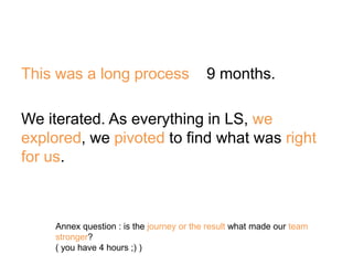 This was a long process 9 months.
We iterated. As everything in LS, we
explored, we pivoted to find what was right
for us.
Annex question : is the journey or the result what made our team
stronger?
( you have 4 hours ;) )
 
