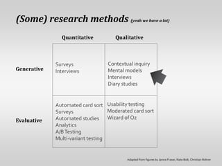 (Some) research methods (yeah we have a lot)
               Quantitative          Qualitative



             Surveys     ...
