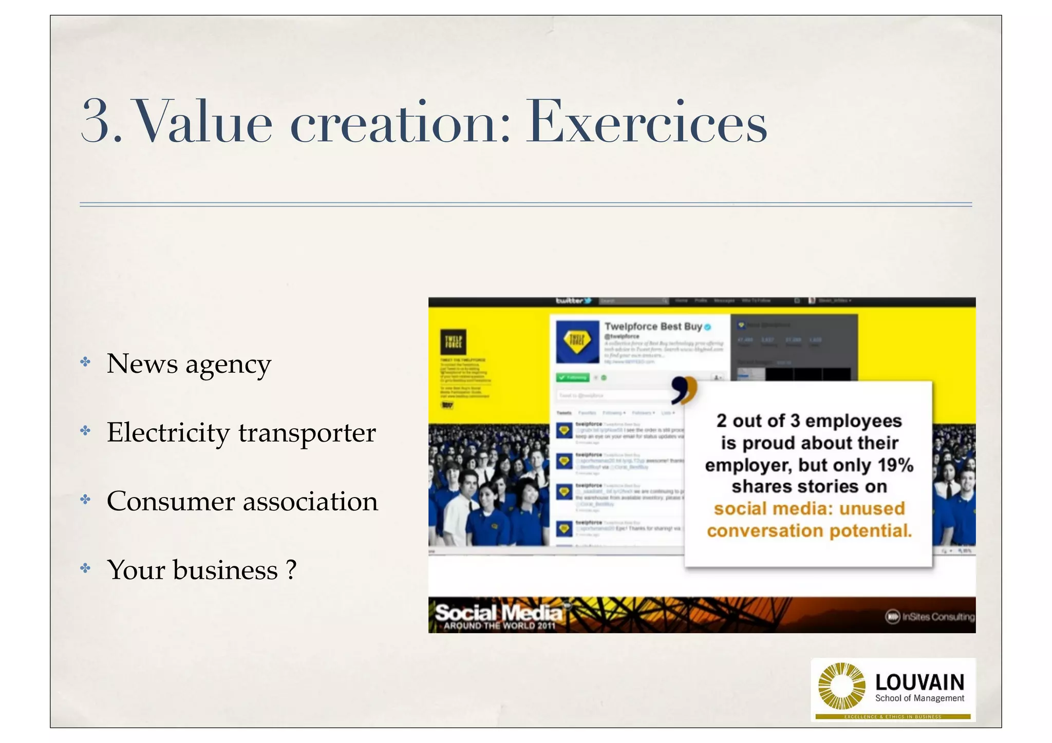 3. Value creation: Exercices


✤   News agency

✤   Electricity transporter

✤   Consumer association

✤   Your business ?
 
