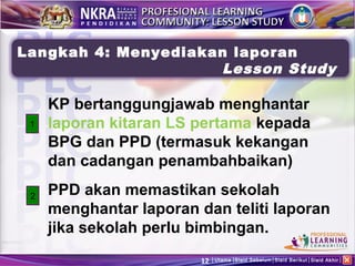 Langkah 4: Menyediakan laporan
                     Lesson Study

     KP bertanggungjawab menghantar
 1   laporan kitaran LS pertama kepada
     BPG dan PPD (termasuk kekangan
     dan cadangan penambahbaikan)

 2   PPD akan memastikan sekolah
     menghantar laporan dan teliti laporan
     jika sekolah perlu bimbingan.
                         12   Utama Slaid Sebelum Slaid Berikut Slaid Akhir
 