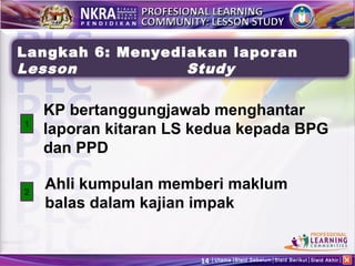 Langkah 6: Menyediakan laporan
Lesson            Study

    KP bertanggungjawab menghantar
1
    laporan kitaran LS kedua kepada BPG
    dan PPD

2
    Ahli kumpulan memberi maklum
    balas dalam kajian impak


                       14   Utama Slaid Sebelum Slaid Berikut Slaid Akhir
 