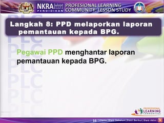Langkah 8: PPD melaporkan laporan
  pemantauan kepada BPG.


 Pegawai PPD menghantar laporan
 pemantauan kepada BPG.




                    16   Utama Slaid Sebelum Slaid Berikut Slaid Akhir
 