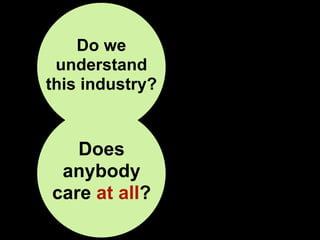 Do we         Are we
 understand building the
this industry?right product?


   Does
 anybody
care at all?
 