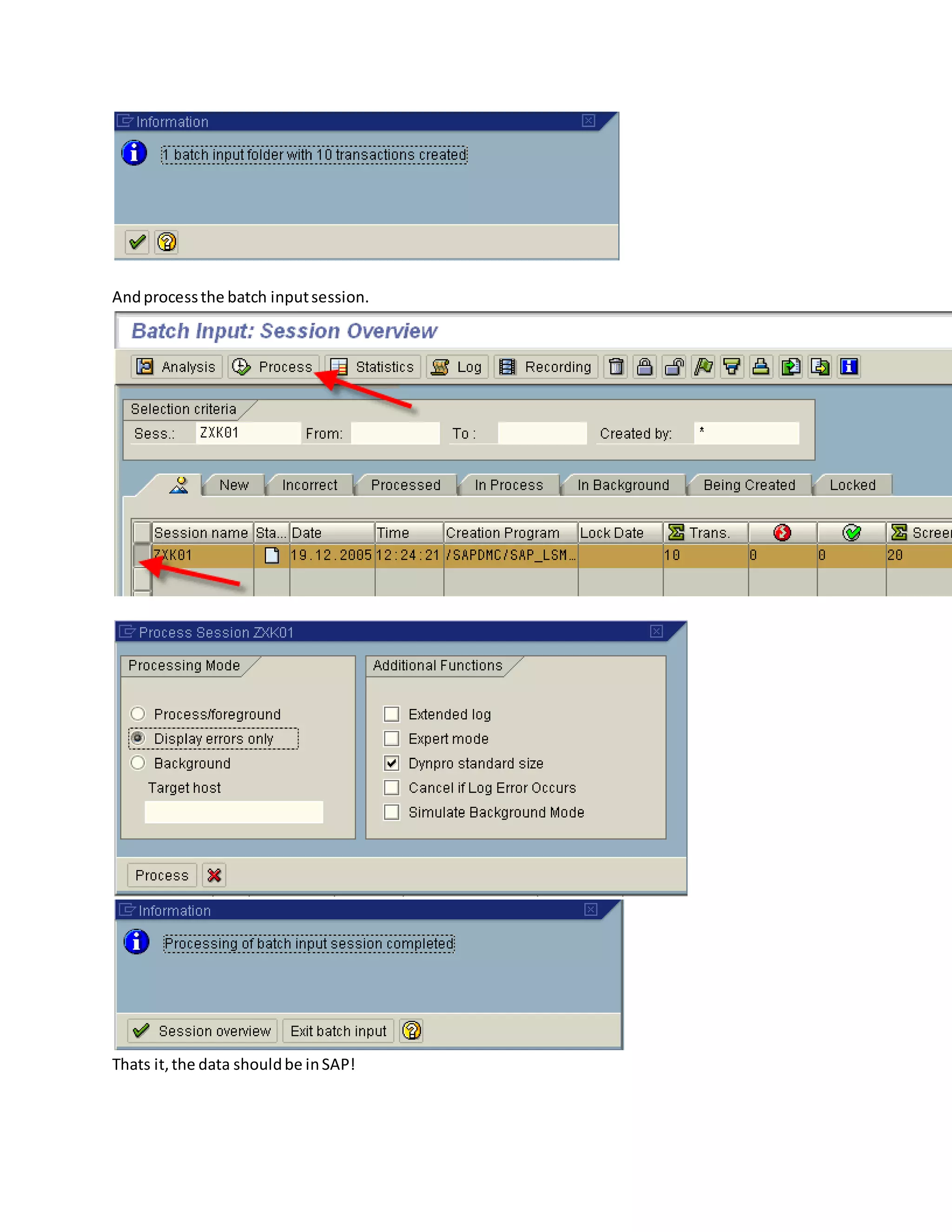 Andprocessthe batch inputsession.
Thats it,the data shouldbe inSAP!
 