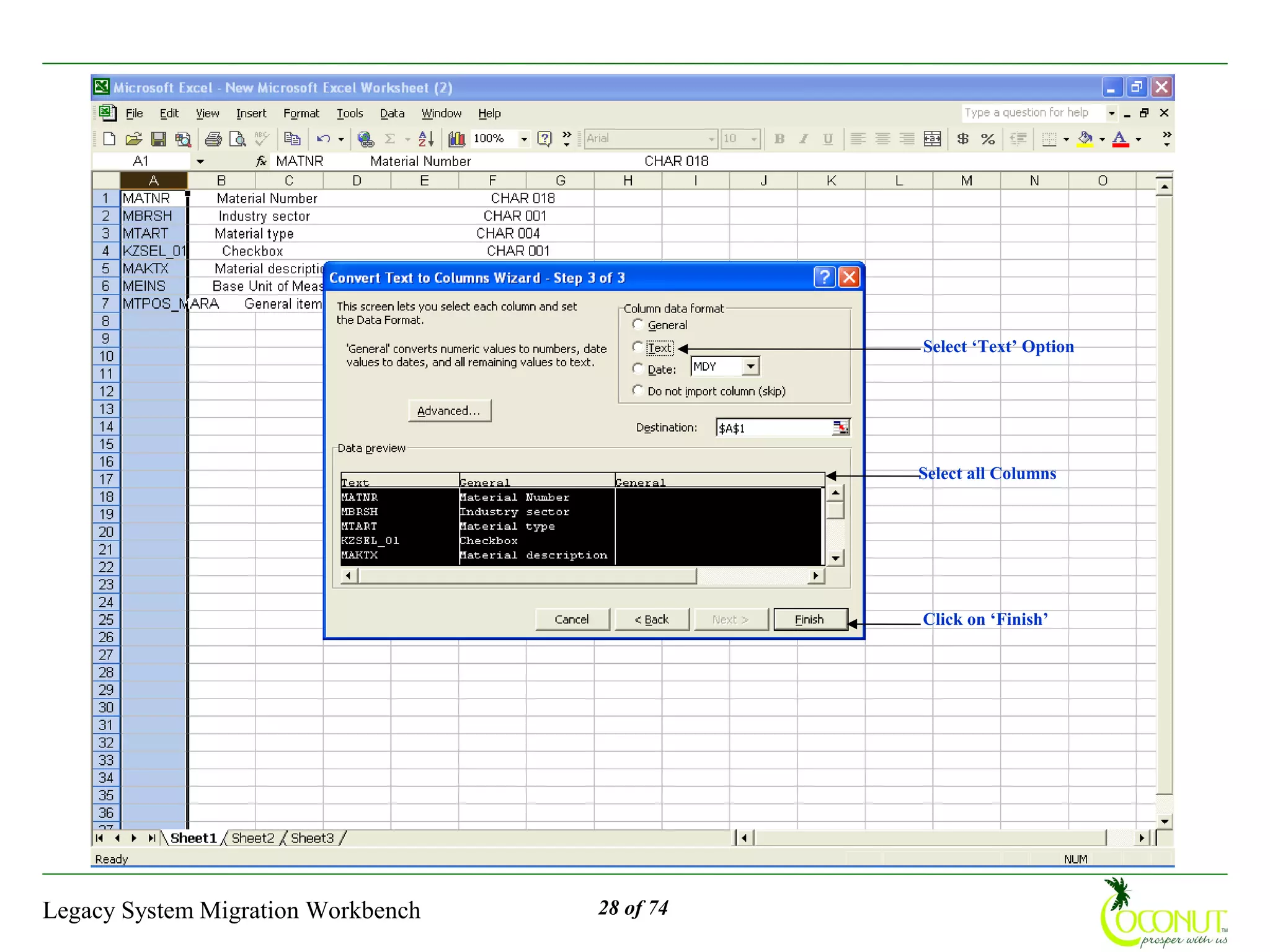 Select ‘Text’ Option




                                               Select all Columns




                                               Click on ‘Finish’




Legacy System Migration Workbench   28 of 74
 