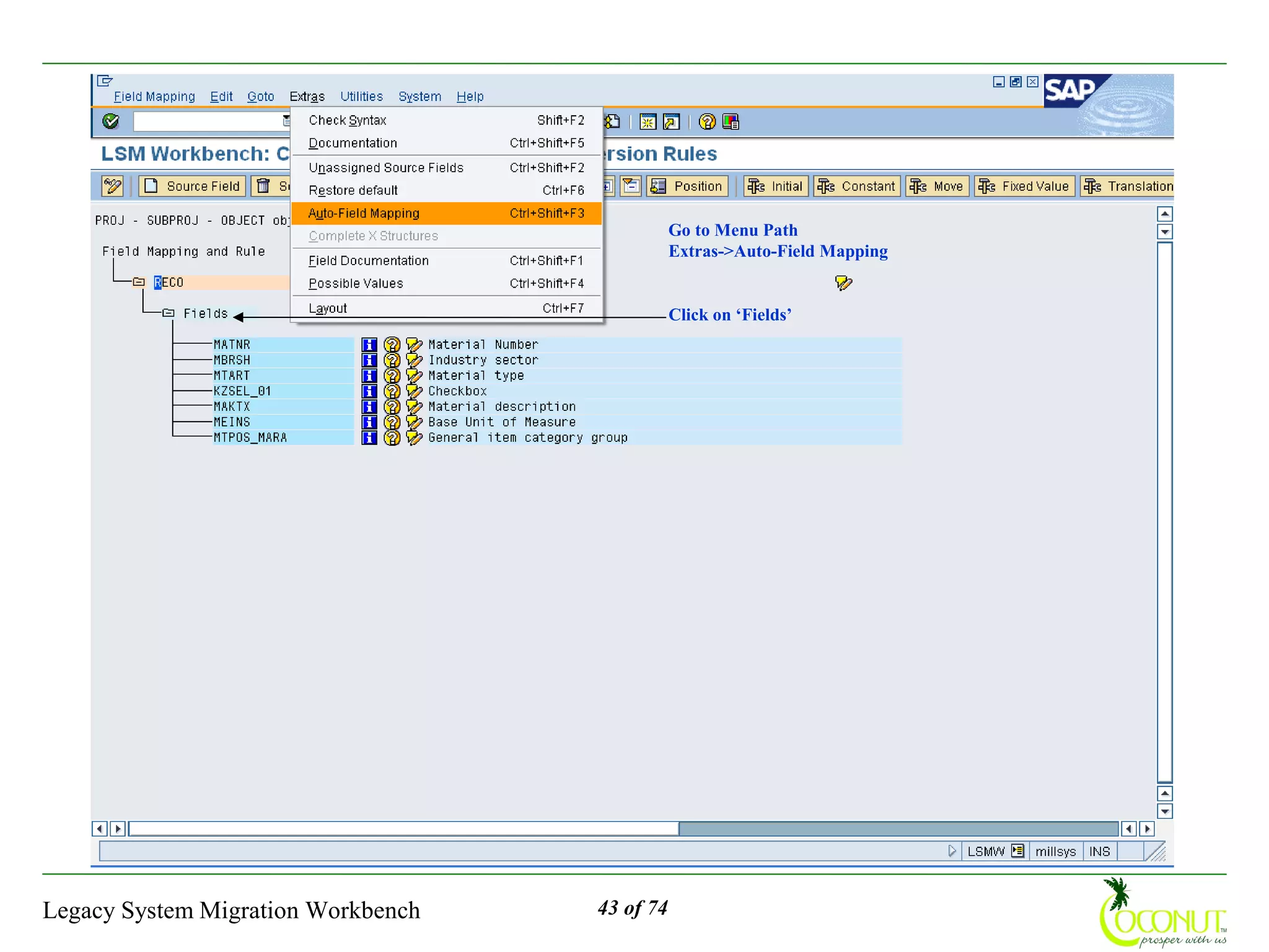 Go to Menu Path
                                               Extras->Auto-Field Mapping


                                               Click on ‘Fields’




Legacy System Migration Workbench   43 of 74
 