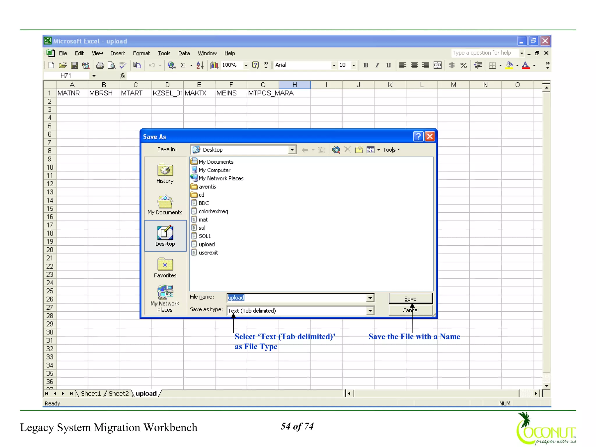 Select ‘Text (Tab delimited)’   Save the File with a Name
                                    as File Type




Legacy System Migration Workbench                54 of 74
 