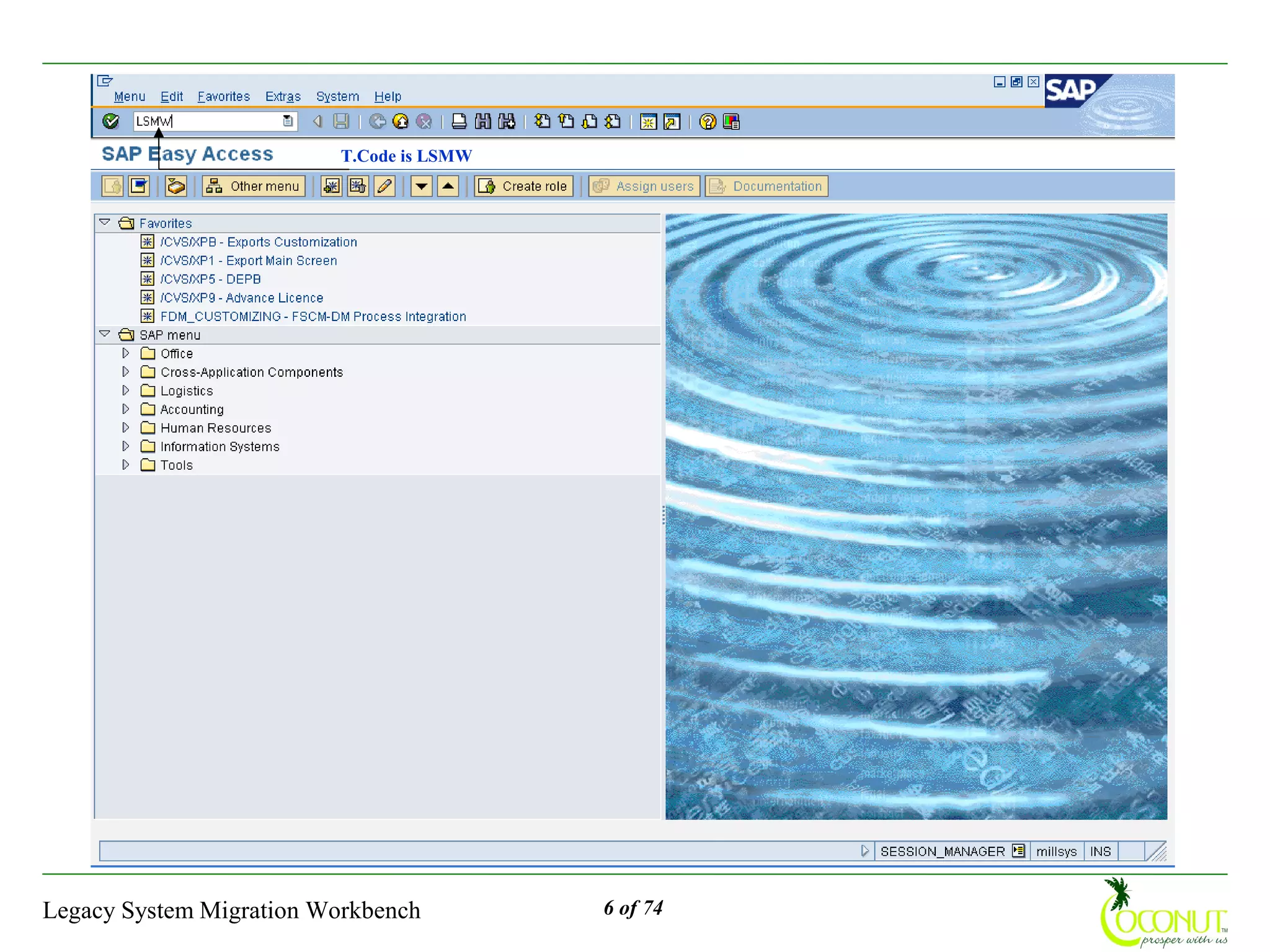 T.Code is LSMW




Legacy System Migration Workbench          6 of 74
 