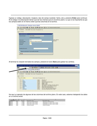 Ingrese un código, descripción, longitud y tipo de campo (carácter, fecha, etc) y presione Enter para continuar.
Ni el código ni la descripción tienen que ser las mismas que en el archivo plano. Lo que sí es importante es que
los campos estén en el mismo orden que las columnas en el archivo.




Al terminar la creación de todos los campos, presione el icono Save para grabar los cambios.




He aquí un ejemplo de algunas de las columnas del archivo plano. En este caso, estamos trabajando los datos
en un archivo excel.




                                                Página - 14/30
 