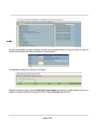 En este paso también se pueden delimitar los datos que se desea visualizar; si deja en blanco el rango, el
sistema mostrará todos los datos convertidos en la paso anterior.




Se despliegan los datos en el formato ya convertido.




Regrese a la lista de pasos y ejecute Create batch input session para generar el juego de datos que se va a
cargar en el sistema mediante una sesión en batch. Presione Ejecutar para continuar.




                                               Página - 26/30
 