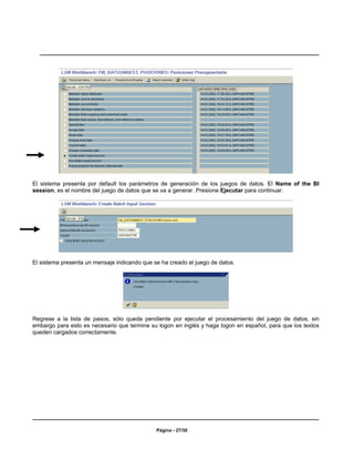 El sistema presenta por default los parámetros de generación de los juegos de datos. El Name of the BI
session, es el nombre del juego de datos que se va a generar. Presione Ejecutar para continuar.




El sistema presenta un mensaje indicando que se ha creado el juego de datos.




Regrese a la lista de pasos, sólo queda pendiente por ejecutar el procesamiento del juego de datos, sin
embargo para esto es necesario que termine su logon en inglés y haga logon en español, para que los textos
queden cargados correctamente.




                                              Página - 27/30
 