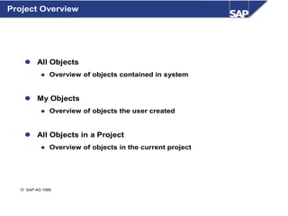 © SAP AG 1999
Project Overview
 All Objects
 Overview of objects contained in system
 My Objects
 Overview of objects the user created
 All Objects in a Project
 Overview of objects in the current project
 