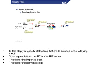 • In this step you specify all the files that are to be used in the following
steps:
• Your legacy data on the PC and/or R/3 server
• The file for the imported data
• The file for the converted data
© SAP AG 1999
 Object attributes
 Specify paths and files
Conversionon PC
Application
server
File name
File name File name
File name
Specify Files
 