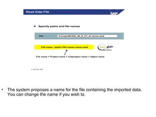 • The system proposes a name for the file containing the imported data.
You can change the name if you wish to.
© SAP AG 1999
Read Data File
File transprBC420_46_D_CT_01.lsmw.read
File name: <path><file name>.lsmw.read
 Specify paths and file names
File name = Project name + subproject name + object name
 