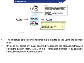• The imported data is converted into the target file by the using the defined
rules.
• If you do not select any data, confirm by executing the process. Otherwise
select the data in “from..…to..." in the “Transaction number”. You can also
select several transaction numbers.
© SAP AG 1999
Generated
conversion
program
Field assignments
Transactions read: 5
Records read: 20
Transactions written: 5
Records written: 21
Convert Data
Note:
Amount fields (AMT1...) for standard
transfer programs are formatted
according to user-defined settings.
Date fields are NOT formatted - they
are always displayed in format
YYYYMMDD
 